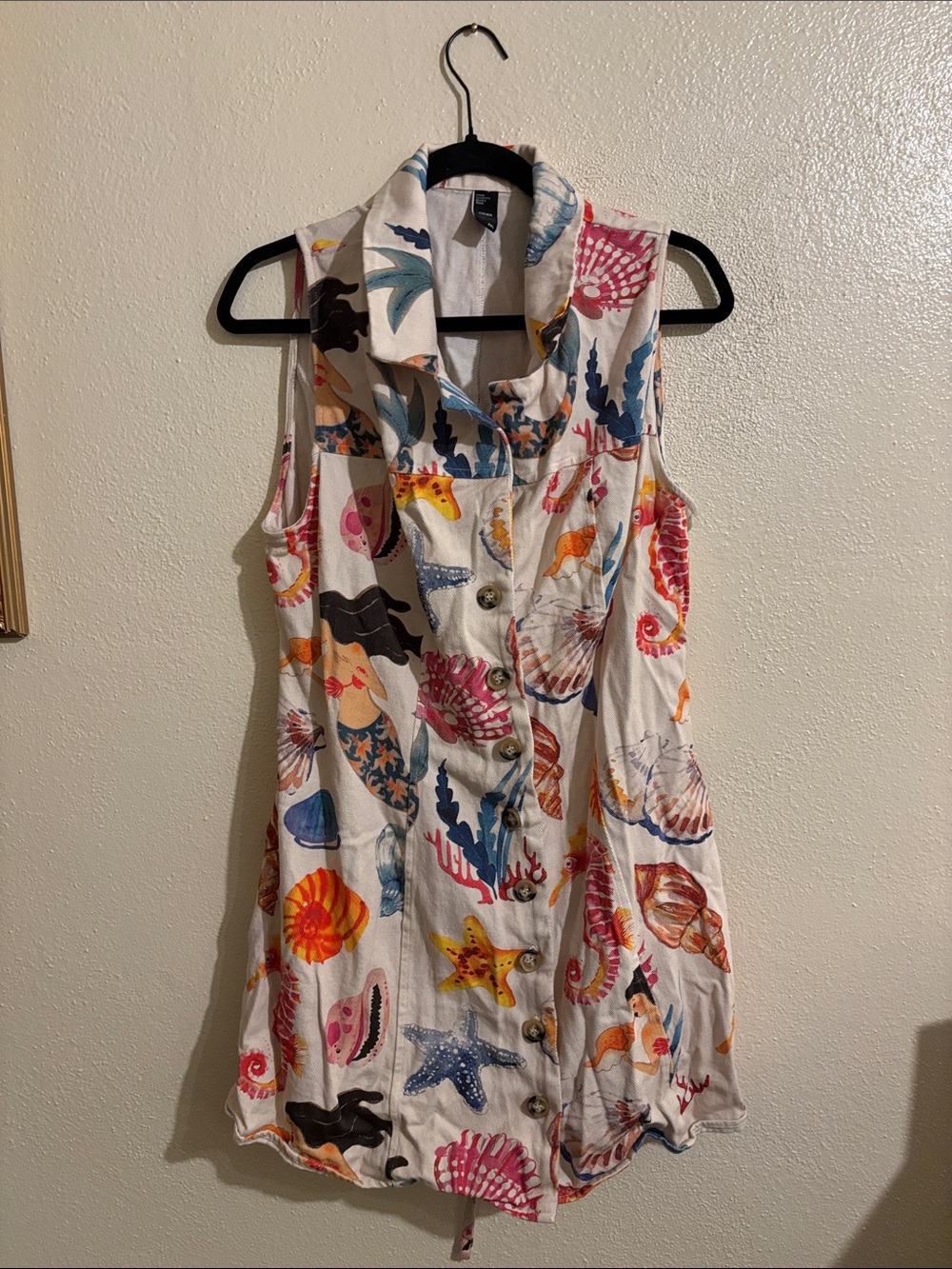 Sleeveless Shell-Print Button Up Dress Multicolor